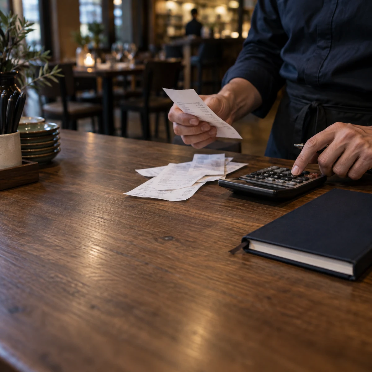 Conferência de comprovantes e cálculos no fechamento financeiro de um restaurante.