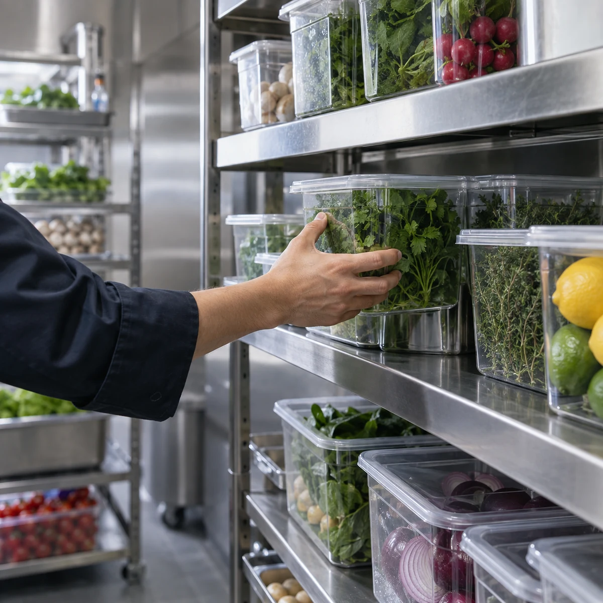 Conferência de alimentos em recipientes organizados nas prateleiras de um restaurante.
