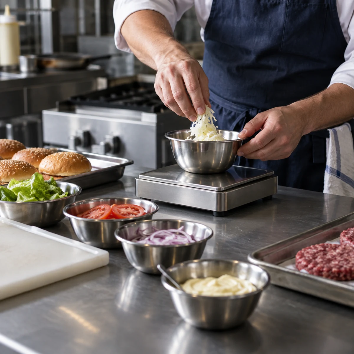 Porcionamento de ingredientes com uma balança na bancada de uma cozinha profissional.