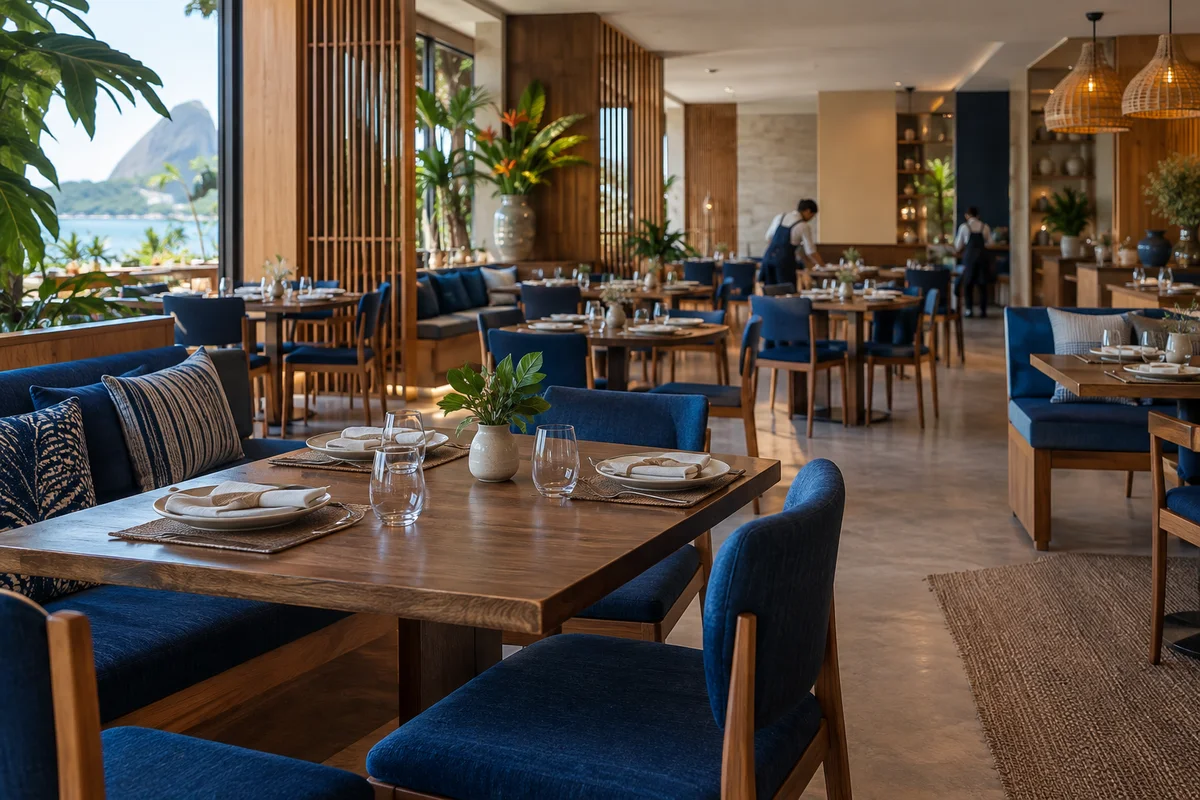 Salão de restaurante contemporâneo, com mesas de madeira e assentos azuis, preparado para o serviço.